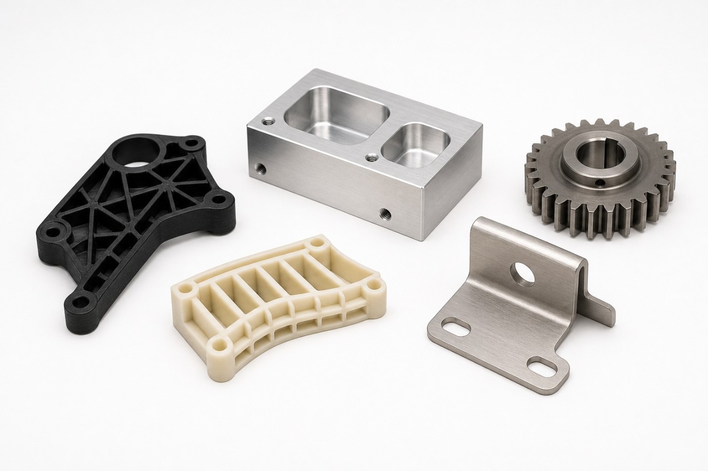 A set of 7Fabs-made parts: a black 3D-printed bracket, machined aluminum block, tan SLS lattice part, stainless steel bracket, and a machined steel gear